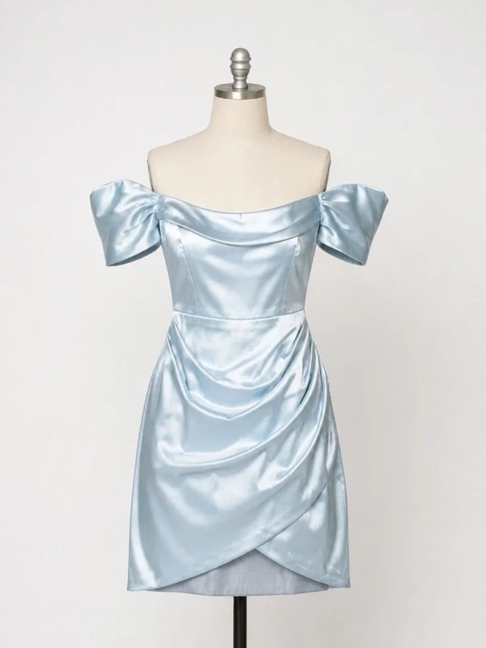 Off-Shoulder Satin Maxi Dress in Light Blue